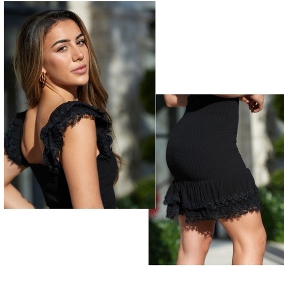 PEIXOTO Belle Crochet Ruched Smocked Lace Flutter Sleeve BodyCon Mini Dress NEW - Picture 4 of 14